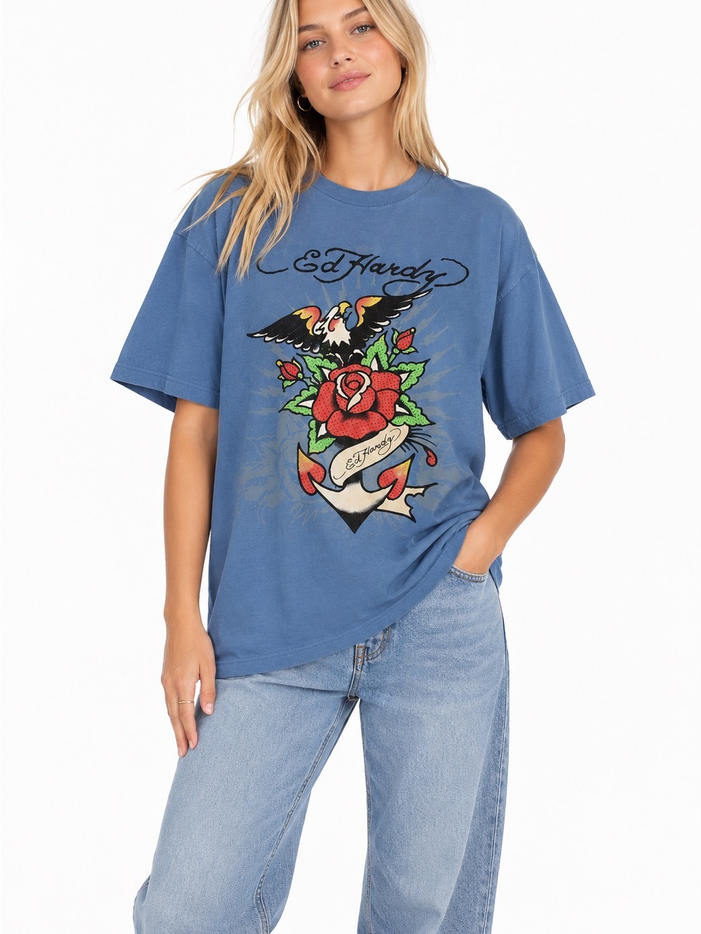 Ed Hardy Blue Short-Sleeve Rose Anchor Graphic Tee